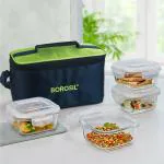 Borosil Alfa Green Borosilicate Glass Lunch Box Set of 4 (320 ml Each) With Lunch Bag, LunchBox For office & College, Microwave Safe, Leak Proof