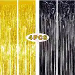 Propsicle 4 pcs 3ftx6ft Gold & Black Foil Curtains Birthday Decoration, Anniversary, Bachelorette, Baby Shower, Golden Foil Fringe Tinsel Curtain - Pack of 4