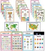 Traceease Educational Poster For Elementary School, Pack Of 25 Laminated Kids Learning Posters USA & World Maps