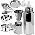 PGD Plain Silver Stainless Steel Baby Feeding Bottle with Feeder, Bowl, Idly Spoon, Plate, Straw Glass, Food Storage Container Box and 2 Nipples (0-24 months) - 220 ml