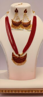 MAYURI'Z COLLECTION_Assamese Traditional Junberi/Joonberi Necklace & Earring Set, Pure Silver-Gold Plated with general stones, with adjustable dori closure