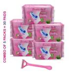 Thanks mom Ultra Thin Sanitary Napkin Pads | Extra Wide | Extra-Soft with Women's Razor Free (Pack of 5x6= 30 Pads)