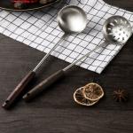 Leeonz Slotted Spoon and Soup Ladle Set Stainless Steel Thickening Long Wooden Handle Soup Spoon Cooking Skimmer Kitchen Cooking Utensils for Hotpot Scooping Sauce Serving(Set of 2pcs)