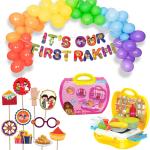Festiko Set of 37 Pcs It's Our First Rakhi Combo (Banner, Balloons, Photobooth Props, Kitchen Set Toy Doll), Raksha Bandhan Decoration Combo