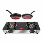 Pigeon by Stovekraft 2 Burner Glass Cook Top Gas Stove, Tawa and Nonstick Fry Pan Cookware Combo