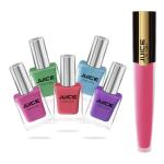 JUICE | NAIL PAINT (PICKLE GREEN - 267 / SKY BLUE - 268 / FRENCH PURPLE - 283 / CORAL SUNSET - 292 / AMARANTH PINK - 266) & LIPTINT (MADISON M-86) | WATERPROOF & LONG LASTING | COMBO OF 6