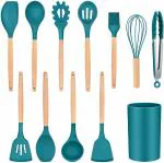 12 PCS Silicone Cooking Kitchen Utensils Set with Holder Wooden Handles Kitchen Gadgets Utensil Set for Nonstick Cookware Heat Resistant BPA Free Spatula Set with Turner Tongs,Spoon