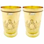 Prisha India Craft Pure Brass Mughlai Style Embossed Design Lassi Glass Capacity 250 ML | Set of 2