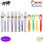 MAXI Oral Care Combo of 10-(6 Adults) Candy Hard Toothbrush Travel Pack & (4 TC) 1 Number Tongue Cleaner