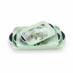 SORATH Premium Quality Celebration Leaf Printed Serving Tray Set Plastic Material Glossy Finish BPA Free Tray with Handle for Tea, Coffee, Snack, Kitchen and Dining Table Home Décor (Pista, Set of 3)