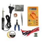 Techdelivers Digital Multimeter Kit Set With Solder Iron, Cutter, Stand, Desoldering Wick, Wire Reel, Paste, Tweezer - 8 Watts (Set Of 8)