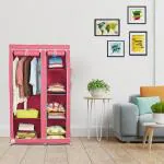 Fabura Double Door Collapsible Wardrobe With Hanging Compartment in Pink Color