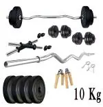 Protoner home gym 10 kgs, 2.5 kg x 4 plates, 1 x 3 feet bar,2 x Dumbbell rods and Hand grippers