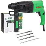 Alpha Corded Electric Rotary Hammer Drill Machine, RH-20mm, SDS Chuck, 650W Heavy Duty, 1200RPM, 3 Drill Bits, 1 Metal Depth Gauge, Variable Speed, With BMC Box | ALPHA-A-3205 | Green & Black