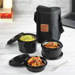 Cello Max Fresh Click Lunch Box Set with Bag, 3 Containers, 300ml, Black | Outer Plastic & Inner Stainless Steel Tiffin Box with Jacket | Leakproof Lunch Boxes | Easy to Clean | Ideal for College, Office