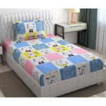 WELLNEST Kitties Multicolor Elastic Fitted Single Bed 100% Cotton Soft Bedsheet with 1 Pillow Cover (48X72 Upto 6' Mattress)