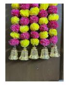 SPHINX Artificial Marigold Fluffy Flowers and Golden/Silver Hanging Bells Garlands/Torans/Wall hangings for Decoration- 30 Flowers per String - (Yellow and Dark Pink/Rani, 25)