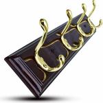 Hanger Hook Aelishq Wooden Cloth Hanger for Clothes Hanging [Teak Wood, 4 Gold Finish Hooks, Glossy Walnut] Wall Mounted Cloth Hanger, Dress / Coat / Shirt Hanger for Bathroom Kitchen Room Door Wall