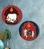 SAF Round Shape Pichwai Cow Art MDF Wall Painting for Living Room 12X12 inch PRE-LRB20-L2
