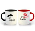 Whats Your Kick Couple Theme Mr Right and Mrs Always Right Design Set of 2 Printed Red and Black Ceramic Coffee Mug 325 ML