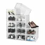 Primalite Plastic Stackable Rectangular Shoe Storage Boxes- 12 Pack, Foldable Rack_Transparent