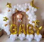 SPECIALYOU.IN Baby boy welcome home decoration kit with White balloons for decoration, Moon & star Foil Balloons, Rose gold foil fringe curtain for decoration, welcome home baby decoration- 44 Pcs
