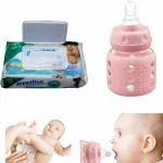 BBYARAJ Pure Water Unscented Baby Wipes 80 Sheets with 60 ml milk and water feeding glass bottle for newborns and infants
