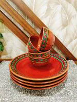 Caffeine Ceramic Stoneware Handmade Red & Green Tribal Combo Dinner Set of 8 Hand Painted Ceramic Dinner Plates with katori Bowl for Dinner (Microwave & Dishwasher Safe)
