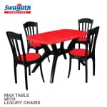 Swagath furniture MAX 4 Seater Plastic Cross Leg Dining Table with 4 Nos Luxury Plastic without arm chair Set for Home, Garden & Cafeteria (Finish Color -Red Top with Black Leg , DIY(Do-It-Yourself))