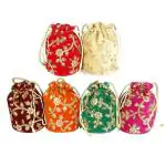 LONGING TO BUY Collection Multicolour Raw Silk with Embroidery Potli Bag for Women (Pack of 6)