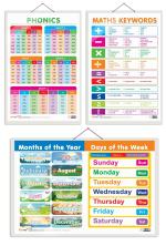 GO WOO Combo of 3 MATHS KEYWORDS, MONTHS OF THE YEAR AND DAYS OF THE WEEK and PHONICS - 1 Charts