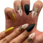 Secret Lives Acrylic Designer Artificial Nails Extension Matte Black Golden Glitter and White Design 24 pcs Set with Manicure Kit