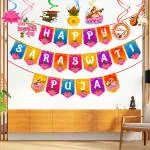 Zyozique Happy Saraswati Puja Decorations Kit - Saraswati Puja Banner & Swirls Hanging (Pack of 8)
