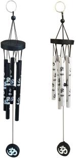 Ryme Multicolor Om Printed 5 Pipes Black And Silver Wind Chime Wall Hanging Brass Windchime, 5 Inch (Pack Of 2)