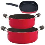 Nirlon 3 pcs of Red, Black 3 Layer Non-stick Aluminium Coated Pots and Pans Cooking Combo Set Standard