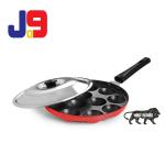 J09 Red Non-Stick 12 Cavity Aluminium Appam Patra with Handle and Stainless Steel Lid