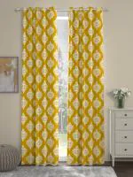 Urban Space Cotton Motif Curtains with Rings, Door - 7ft x 5 ft, Mustard, Set of 2