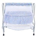 Kiddery Store Lyra Baby Cradle with New Improved Mattress DesignMosquito Net All Wheel Lock 0-8 Months Blue Print