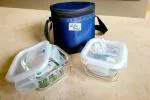 PUREFIT Classic Microwave Safe Lunch Box/Office Tiffin Square Container with Lid 320ml Set of 2 (Transparent Glass with Blue Bag)