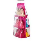 Inditradition Hanging Purse Handbags Organizer, 6 Shelves, Foldable, Non-Woven (Pink)