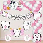 Zyozique 59 pack I Got My First Tooth Decoration Kit included Cardstock Cutout Banner and Balloons,First Tooth Decoration Items,1st Teeth Decoration Items,Rice Ceremony Decoration (Pink)