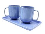CLAYSCAPE Handprinted Glazed Studio Pottery Ceramic Tea & Coffee Mugs with Tray - Premium Set of 3, 300 ml (Blue)