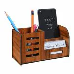 PIYUMART Pen Stand With Visiting Card & Mobile Holder | Multipurpose Wooden Desk Organizer Pen And Pencil Stand For Office Table With Business Card Holder Box And Mobile Stand (Wooden)
