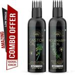 Desi Crew 100 Percent Pure Castor Oil and Rosemary Oil with Comb Applicator Cold Pressed for Skin, Body and Hair Care 100 ml Each
