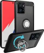 Unistuff Back Case Cover for IQOO 9 Pro 5G with Magnetic Kickstand | Premium Matte Finish | Camera Bump Protection | Rubberized Ring Cover - Night Black, 78066