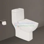 Vardhman Ceramics One Piece Western Commode for Toilet Bathroom Water Closet Ewc Floor Mounted Mount Wc with Soft Close Slow Motion Seat Cover and Flush Tank Fittings Installed P Trap Outlet on Backside Wall 180mm / 7 Inch Glossy Finish Square-P-White