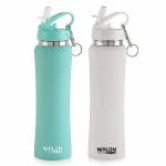 NIRLON Flip Bot Stainless Steel Sipper Rubber Finish Water Bottle with Straw Lid Pack of 2 |Leak Proof|Office|Gym Bottle|Home|Kitchen|Hiking|Treking Bottle|Travel Bottle [Aqua Green & White|750ml]