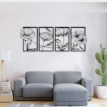 Wooden 3D 4 Pieces Flower Wall Art Panel Frame For Wall Decor in Black Color and Big Size