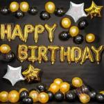 FANEX Solid Happy Birthday Letter Golden Foil Balloon, 2 Silver and 2 Golden Star Foil, HD Metallic Balloons and 1 Pump Balloon