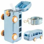 NIJANAM Bus Shape Car Water Bottle with Straw Lid, 16.9 Oz Portable Kid Water Cup with Shoulder Strap, Detachable, Leak-Proof, Flip Lid Cute Drinking Water Bottles for Kids (Blue)